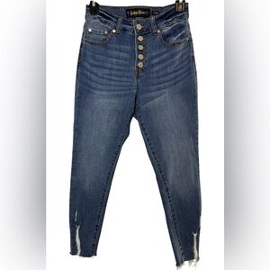 Indigo Rein Button Fly Stretch Jeans Medium Wash Distressed Blue Denim Size 5